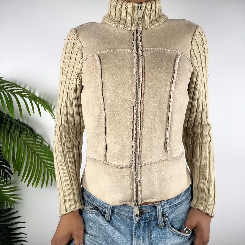 Women's Vintage Y2K Beige Boho Hippie Patchwork Knit Faux Suede Fitted Jacket /S - Picture 4 of 8
